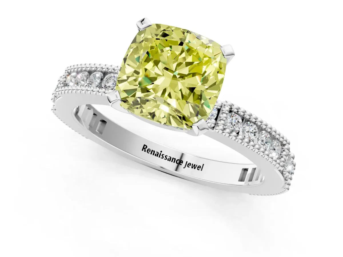 Fancy Yellow Cushion Cut Solitaire with Pavé Band and Four-Prong Setting Silver