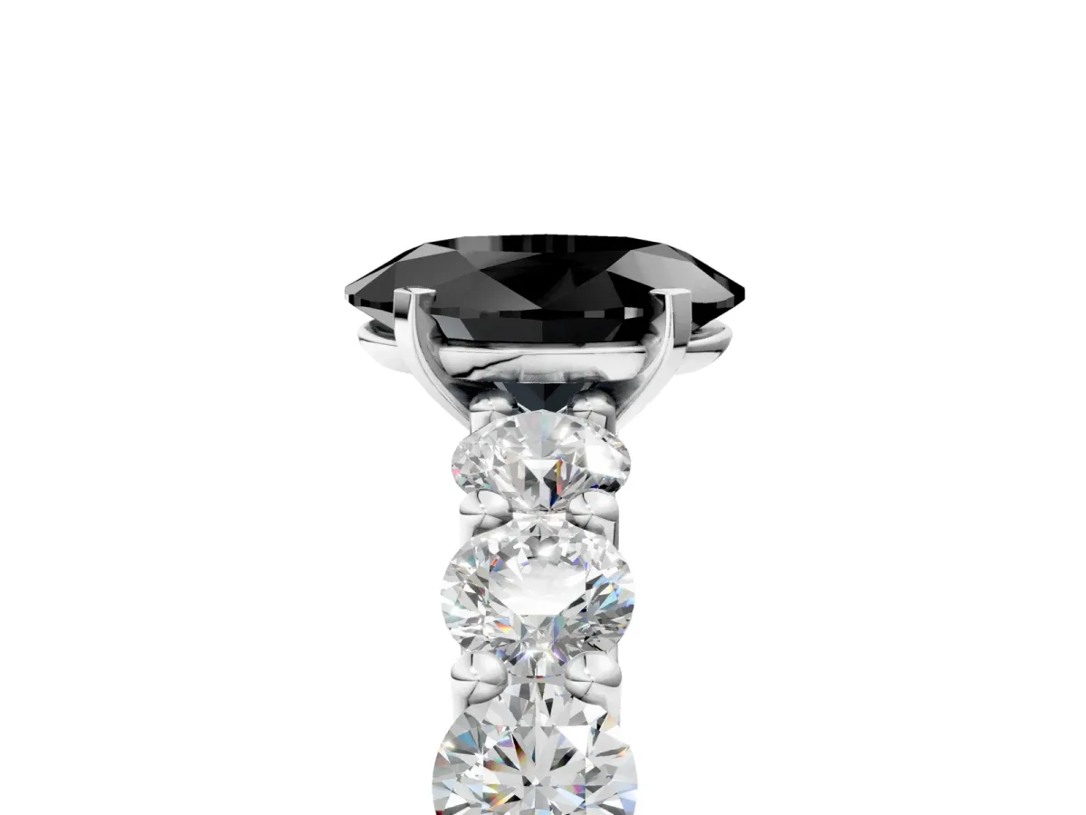 Fancy Black Oval Cut Diamond Prong Setting with Side Stones on a Pave Band Silver