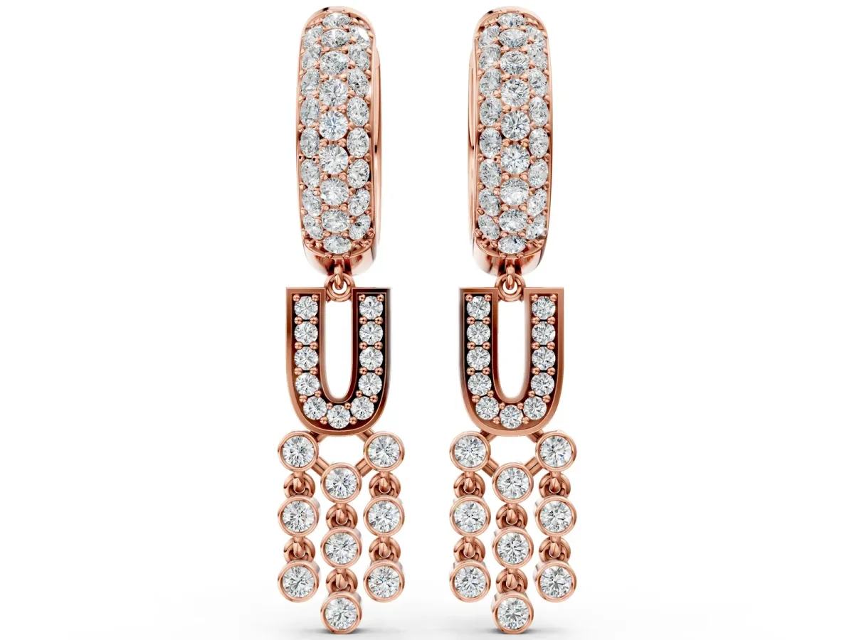 Round Diamond Initial U Huggie Hoop Earrings Rose gold