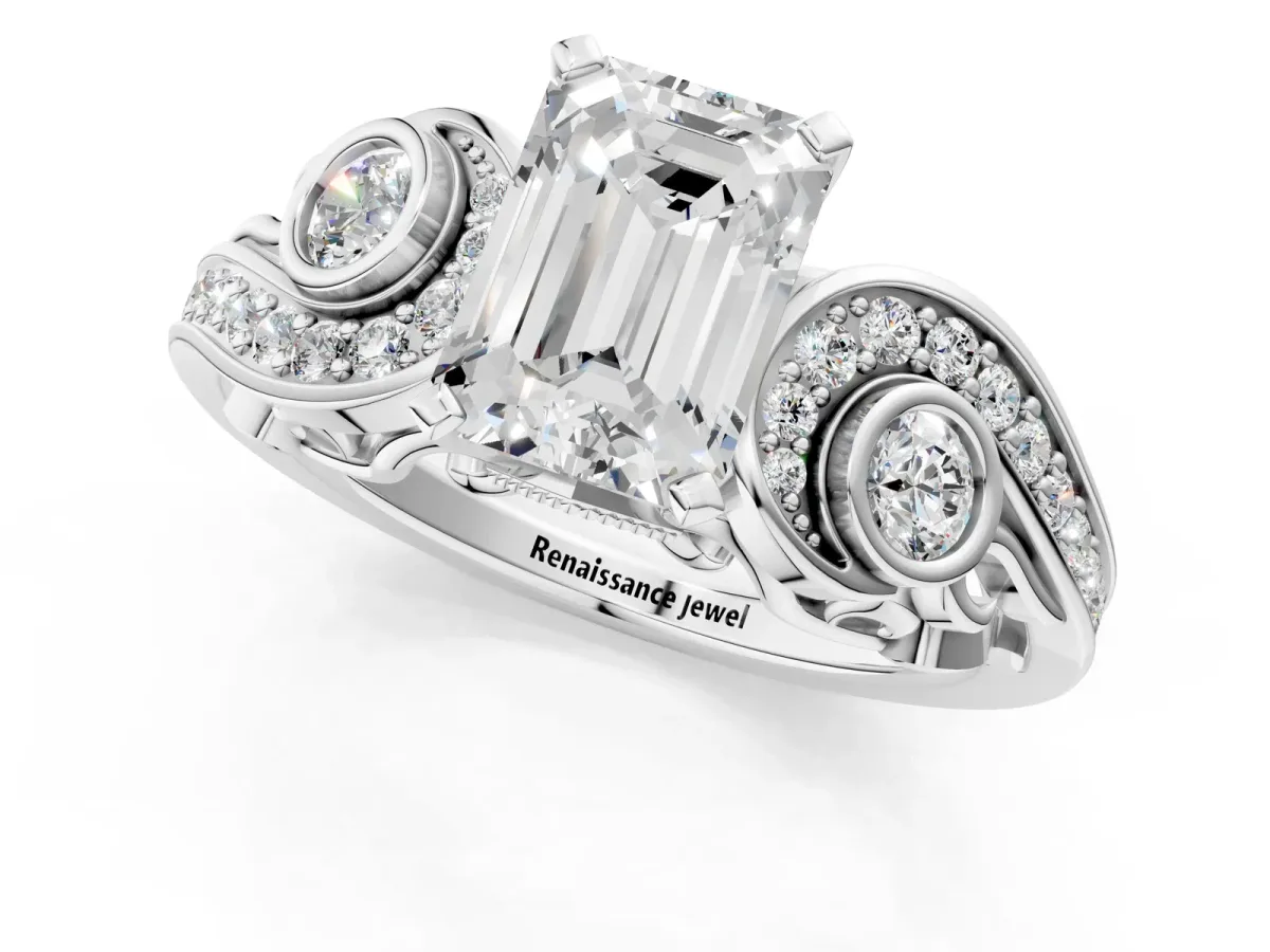 Emerald Cut Diamond Solitaire Ring with Milgrain Pavé Band and Four-Prong Setting Silver