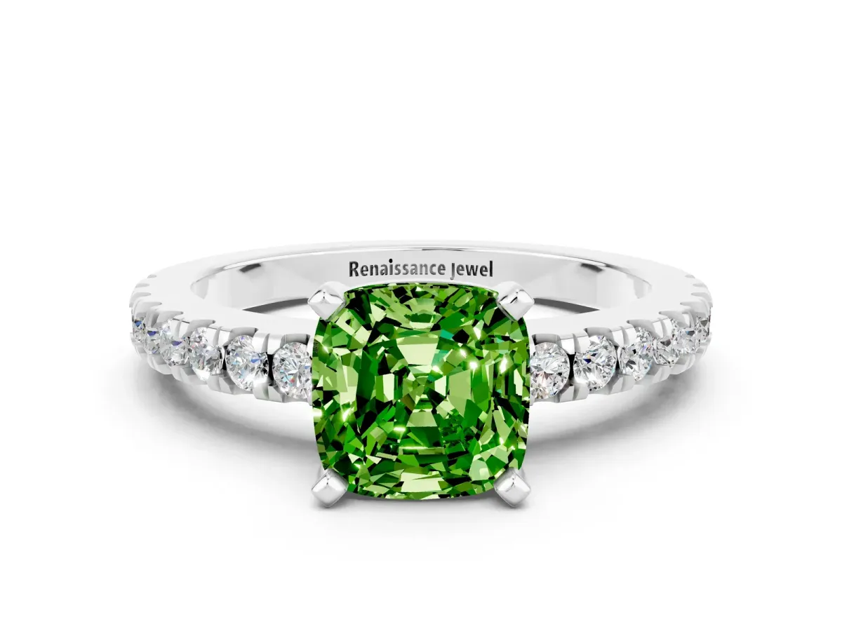 Cushion Cut Solitaire Peridot with Pavé Band and Four-Prong Setting Silver