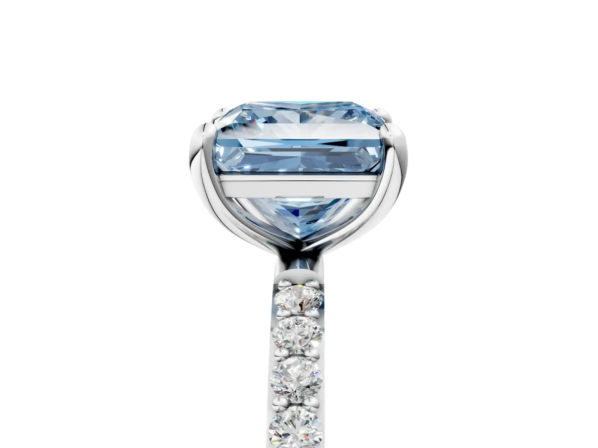 Fancy Blue Princess Cut Diamond Solitaire Ring with Round Pavé Band and Prong Setting Silver