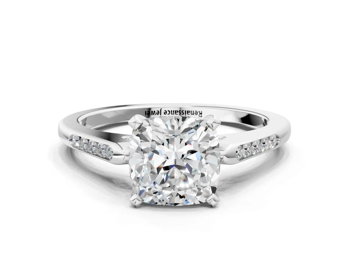 Cushion Cut Diamond Solitaire Ring with Channel Set Round Band and Prong Setting Silver