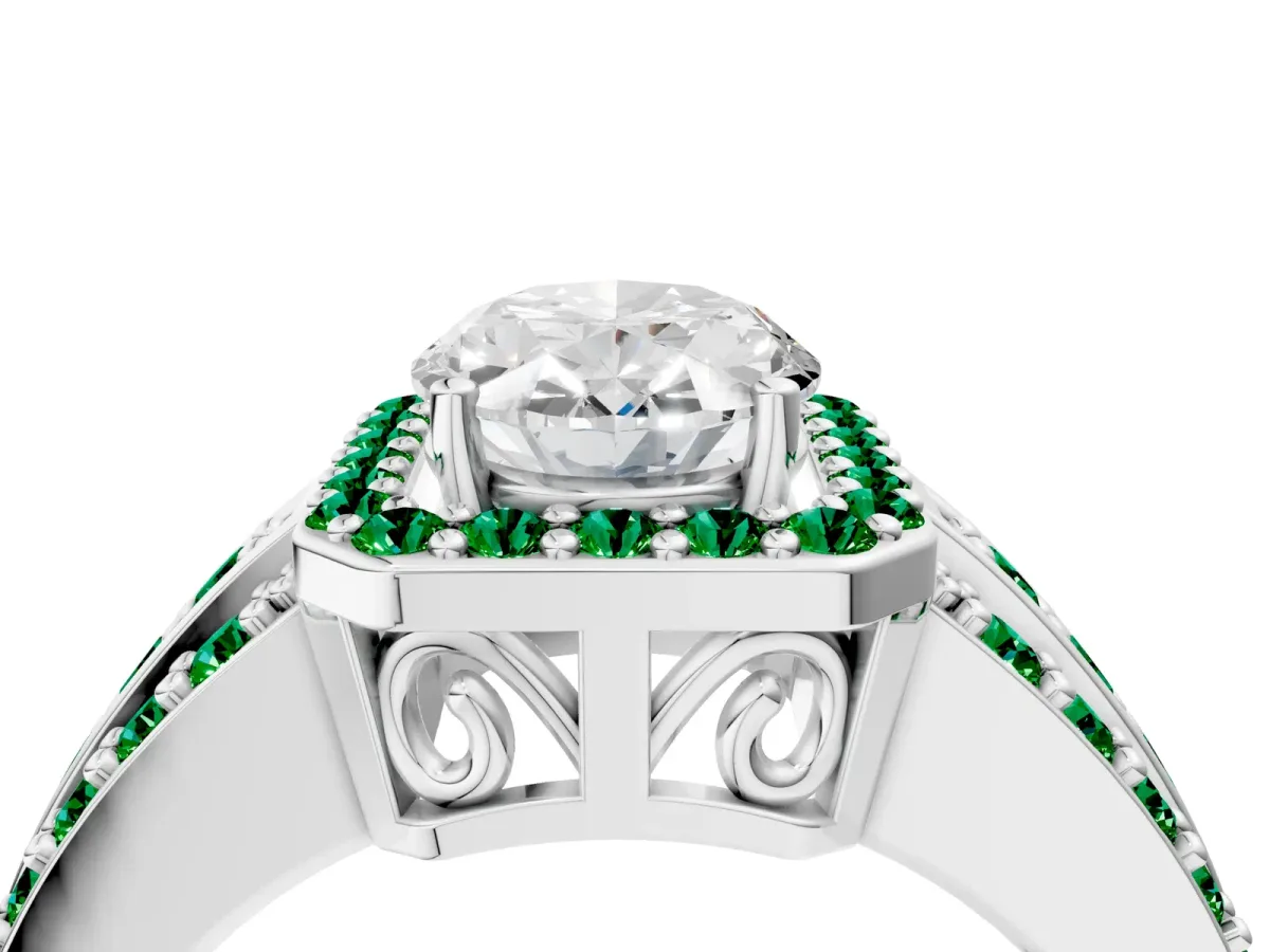 Oval Cut Halo Diamond Ring with Round Emerald Split Shank and Prong Setting Silver