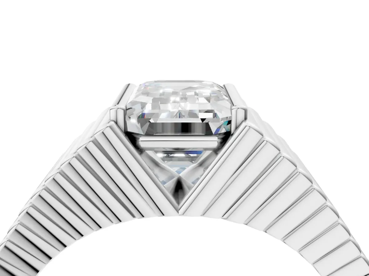 Emerald Cut Diamond Fluted Mens Ring Silver