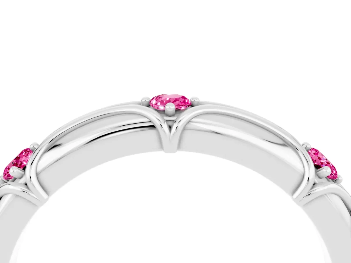Round Pink Sapphire Prong Set Milgrain Eternity Band Silver