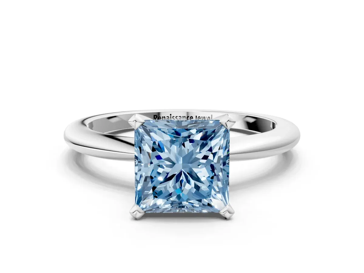 Fancy Blue Princess Cut Diamond Solitaire Ring with Six-Prong Setting and Classic Band Silver