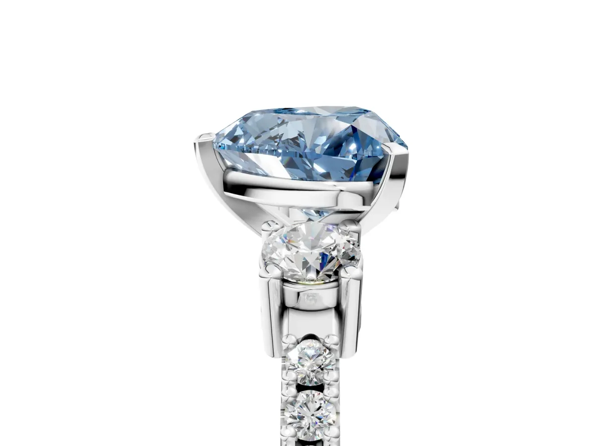 Fancy Blue Heart Cut Cut Three-Stone Diamond Pavé Band with Prong Setting Platinum