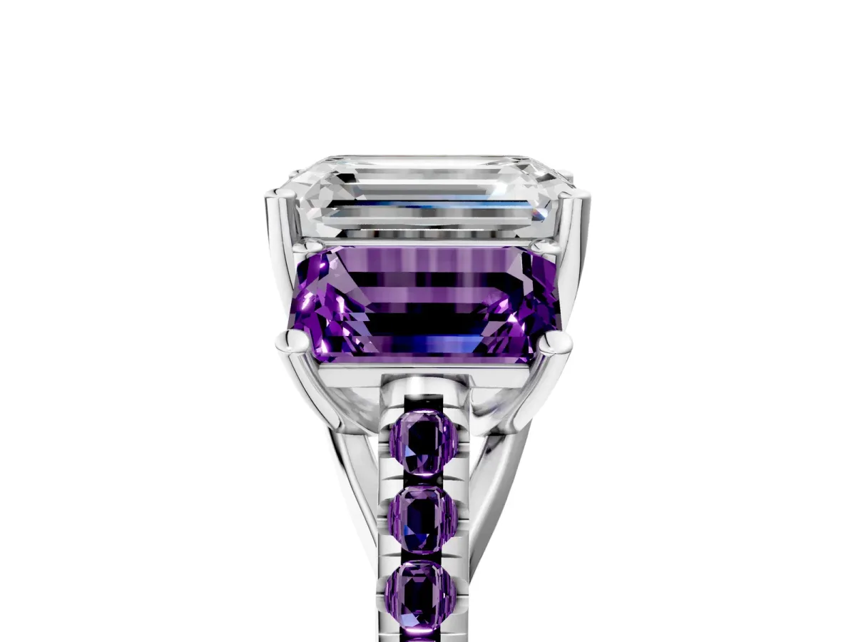 Three-Stone Emerald Cut Diamond Ring with Round Amethyst Pavé Band and Prong Setting Platinum