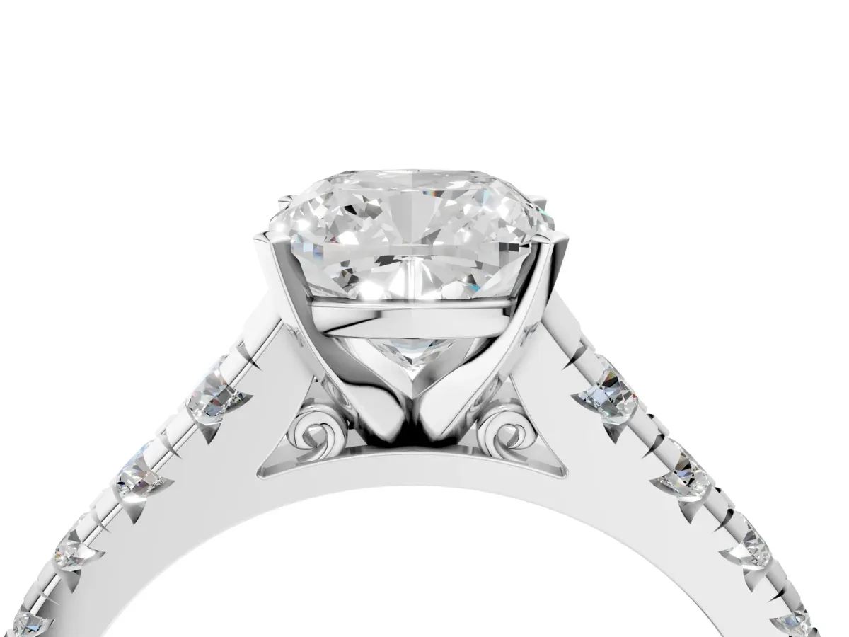 Cushion Cut Diamond Cathedral Solitaire Ring with Round Pavé Band Platinum