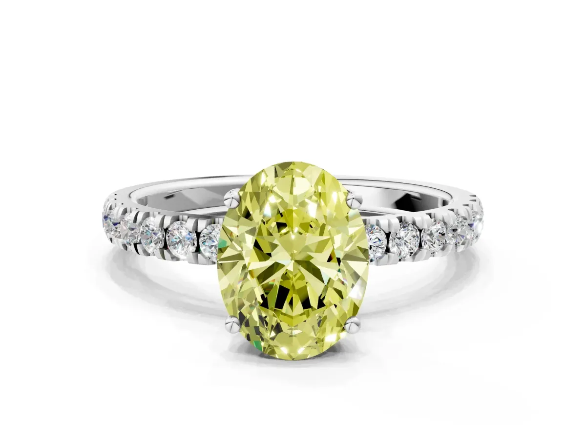 Fancy Yellow Oval Cut Diamond Pave Band Solitaire Ring with Round and Prong Setting Silver