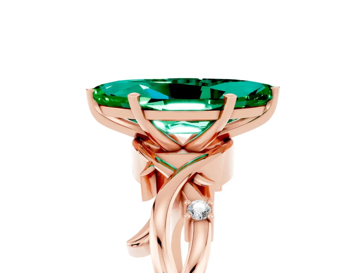 Marquise Cut Emerald Solitaire Ring with Twisted Band and Prong Setting Rose gold