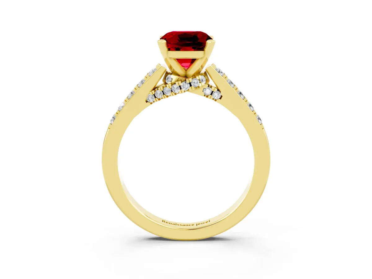 Cushion Cut Ruby Solitaire Ring with Crossover Gallery and Round Pavé Band Yellow gold