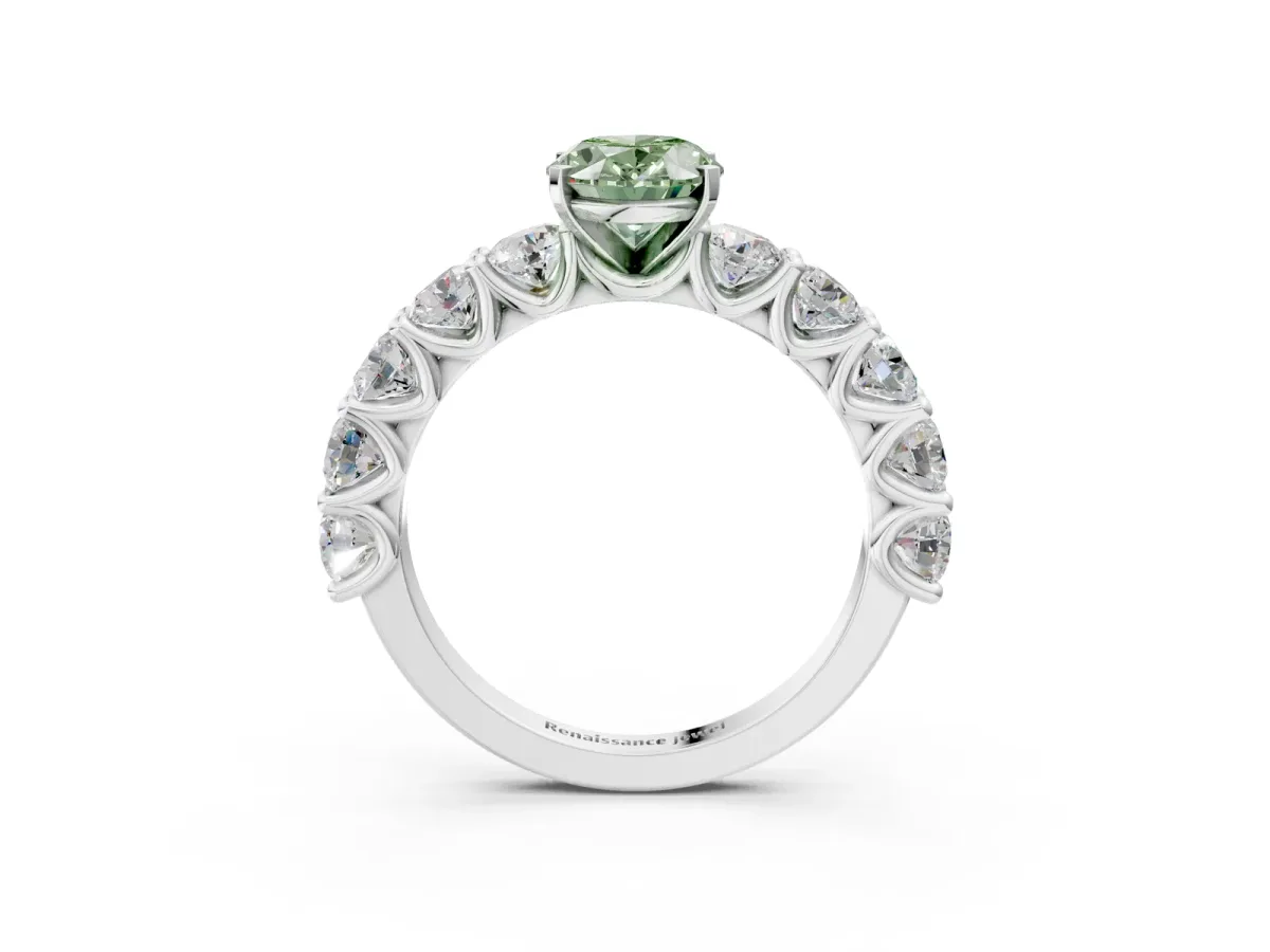 Fancy Green Oval Cut Diamond Prong Setting with Side Stones on a Pave Band Silver