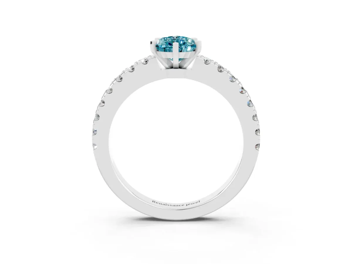 Pear Cut Solitaire Blue Topaz with Pavé Band and Four-Prong Setting Silver