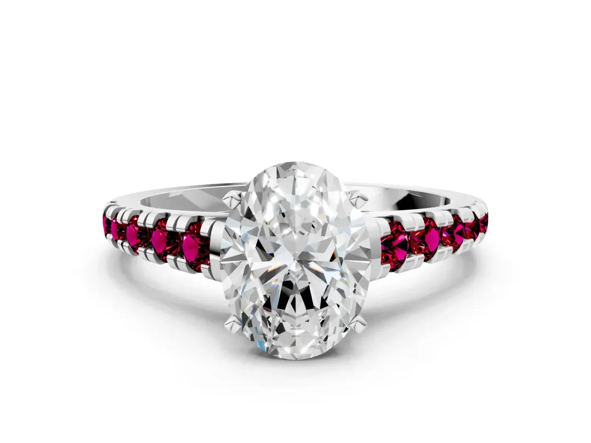 Oval Cut Diamond Cathedral Solitaire Ring with Round Garnet Pavé Band Silver