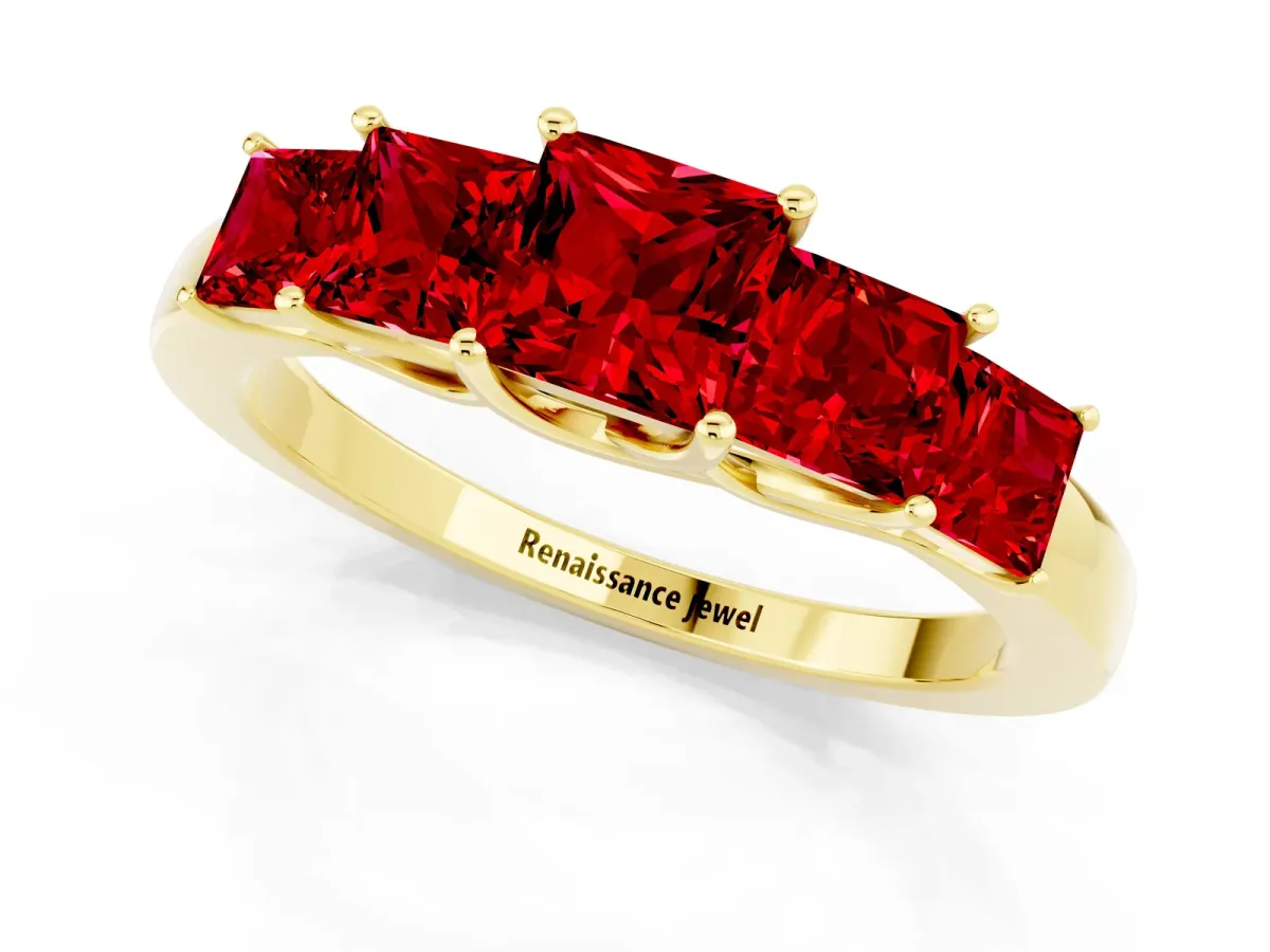 Princess Cut Five-Stone Ruby Ring with Classic Prong Setting Yellow gold