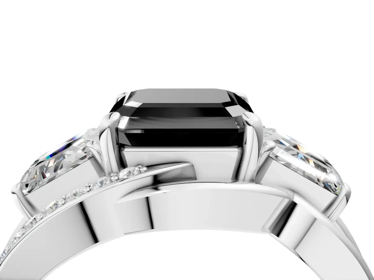 Fancy Black Three-Stone Asscher Cut Cut Diamond Split Shank Prong Set Ring Platinum