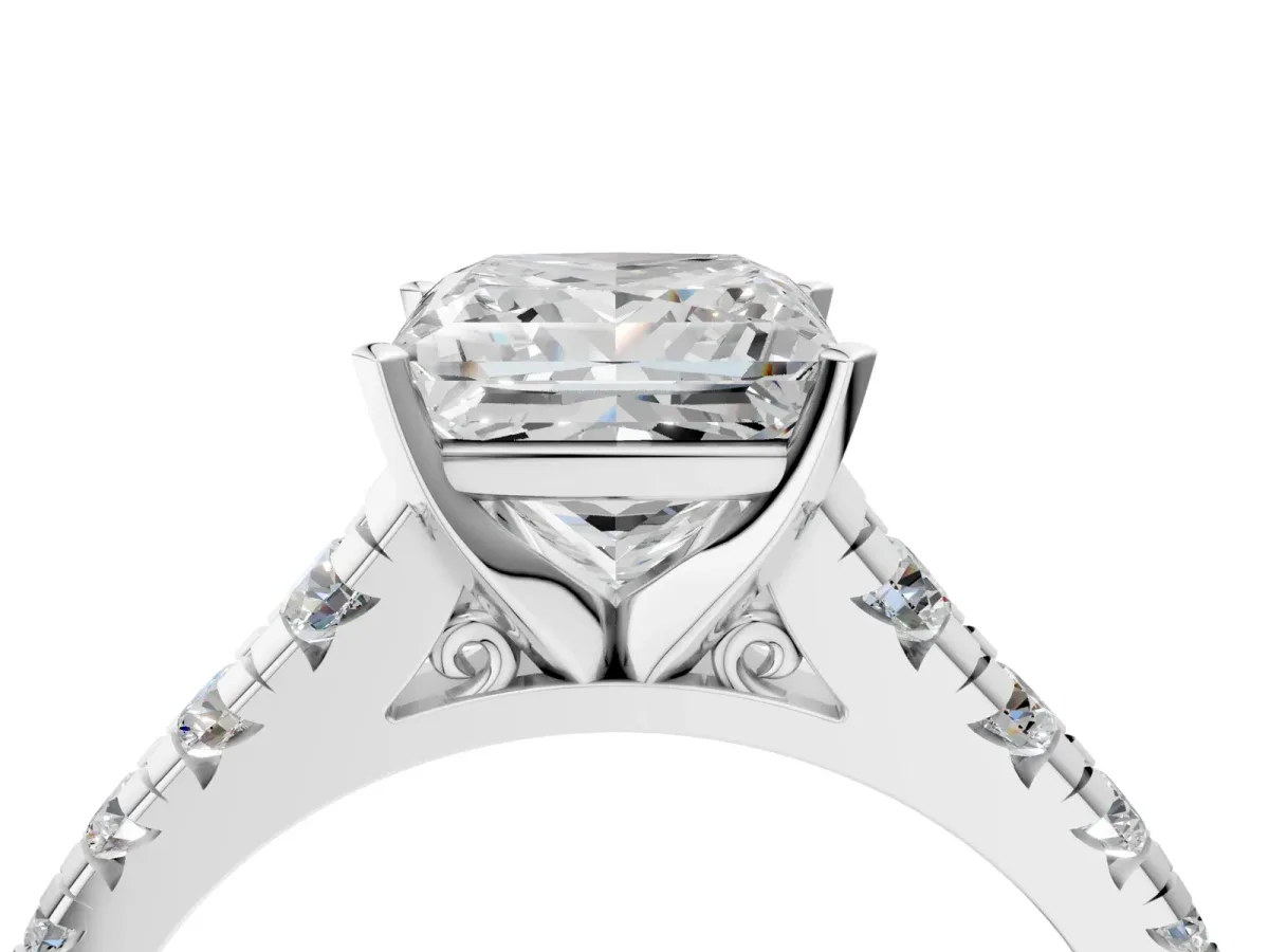 Princess Cut Diamond Cathedral Solitaire Ring with Round Pavé Band Platinum