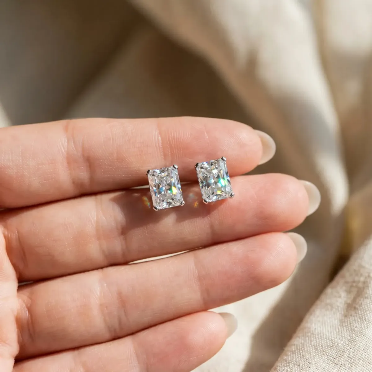 Radiant Cut Diamond Stud Earrings Silver