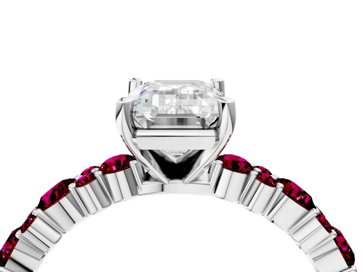 Emerald Cut Diamond Side Stone Solitaire Ring with Round Garnet and Four-Prong Setting White gold
