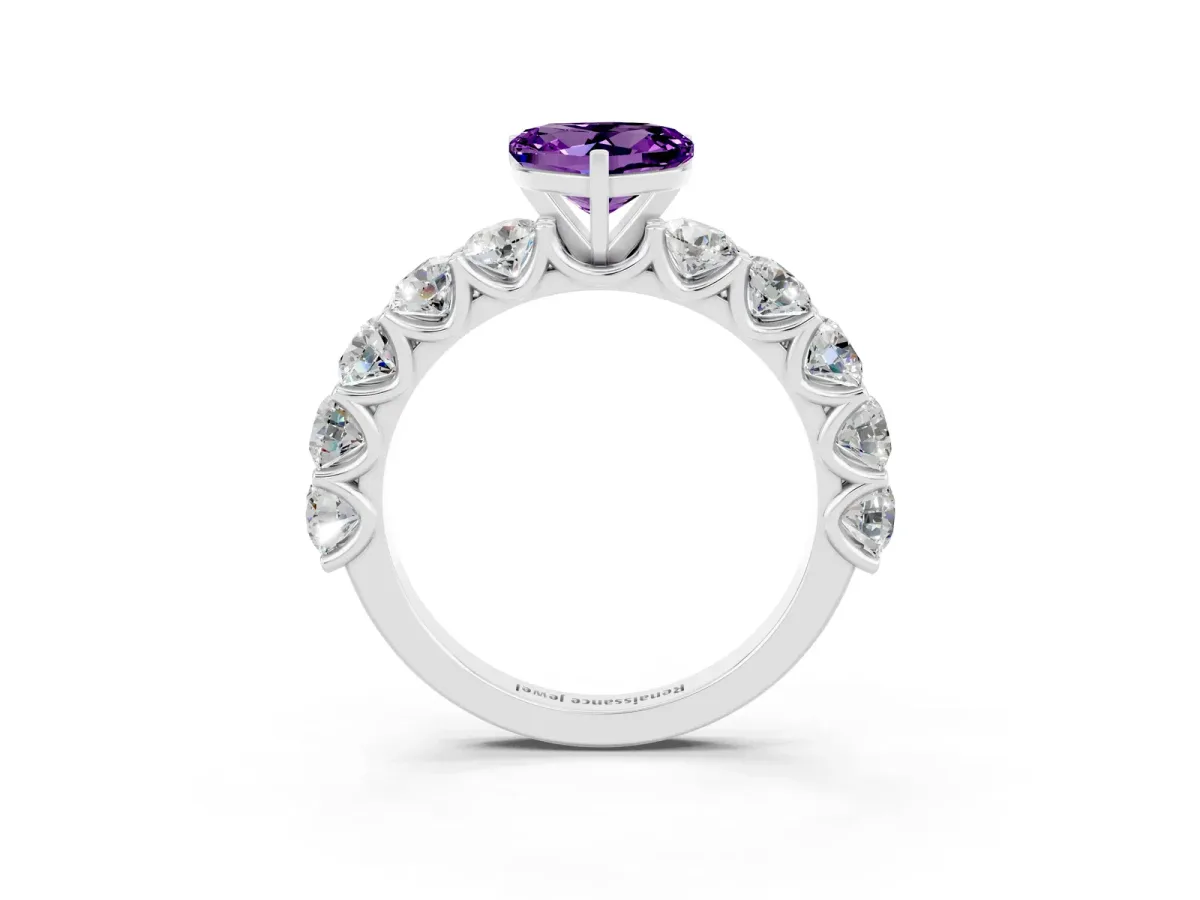 Heart Cut Amethyst Prong Setting with Side Stones on a Pave Band Silver