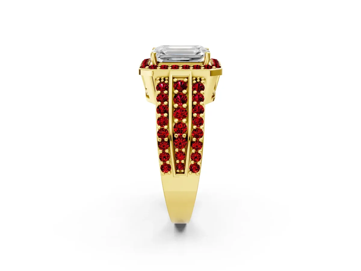Emerald Cut Halo Diamond Ring with Round Ruby Split Shank and Prong Setting Yellow gold