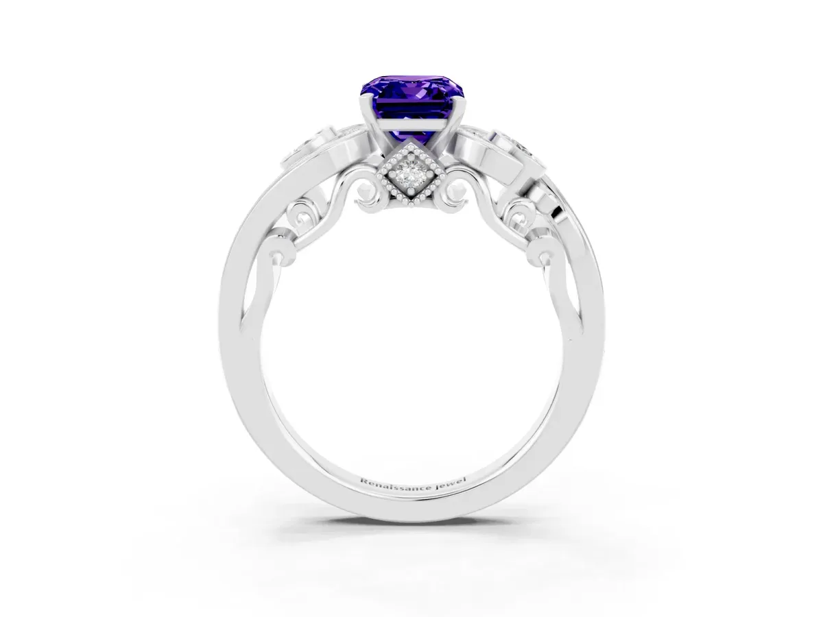 Emerald Cut Tanzanite Solitaire Ring with Milgrain Pavé Band and Four-Prong Setting Silver