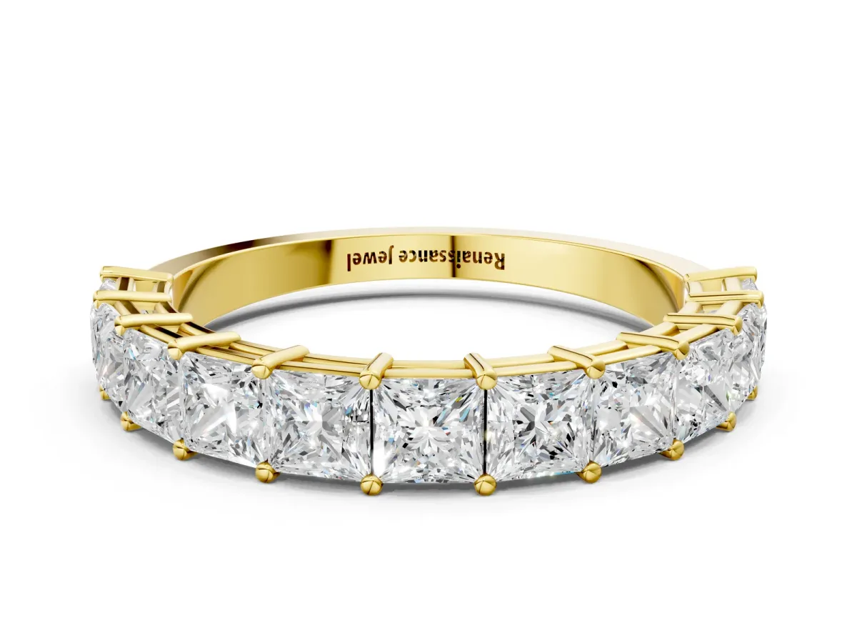 Princess Cut Half Eternity Band with Shared Prong Setting Yellow gold