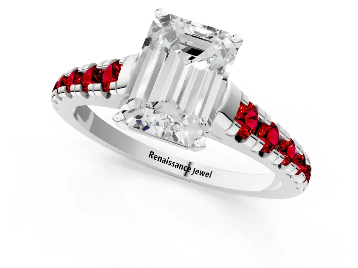 Emerald Cut Diamond Cathedral Solitaire Ring with Round Ruby Pavé Band Platinum