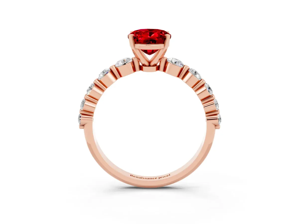 Oval Cut Solitaire Ruby Ring with Pave Band and Four-Prong Setting Rose gold