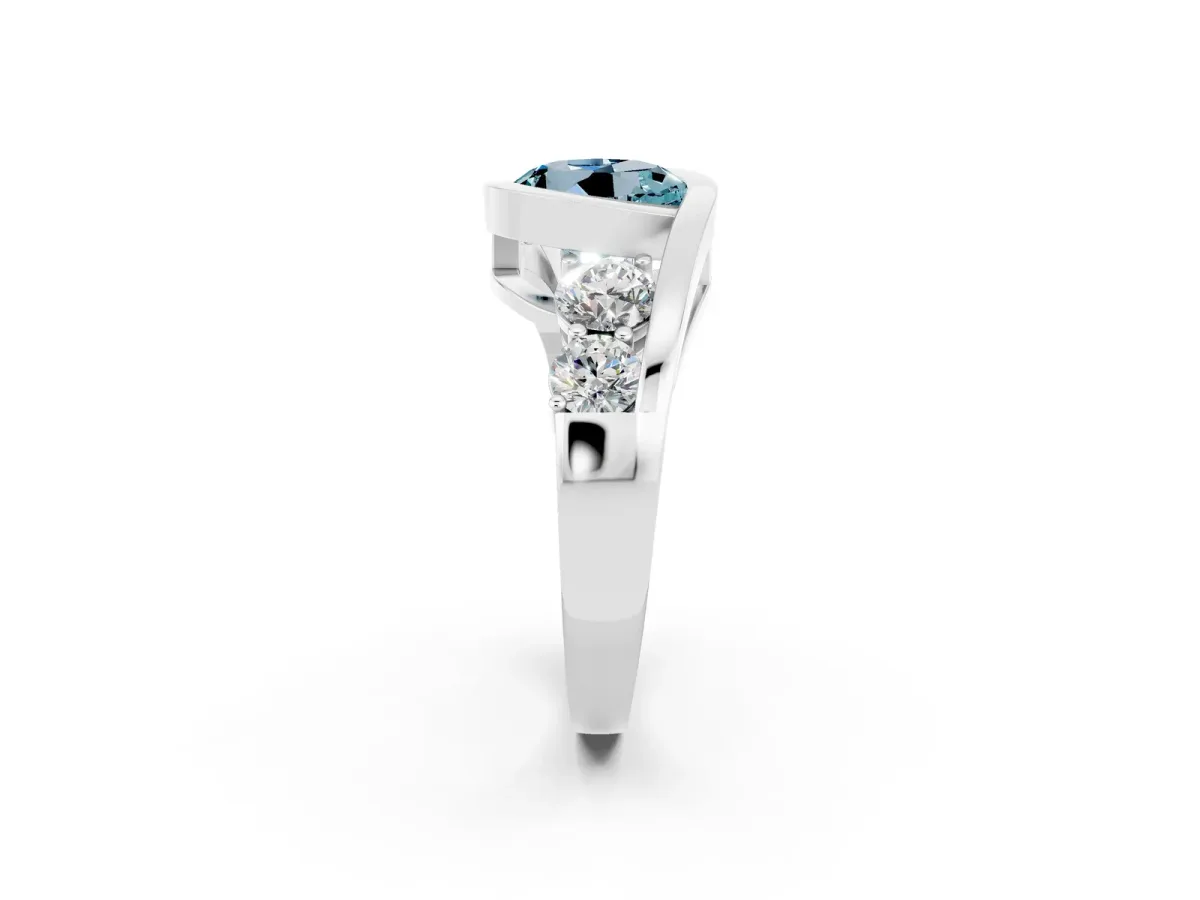 Bezel Set Round Cut Aquamarine Bypass Ring with Round Accents Silver