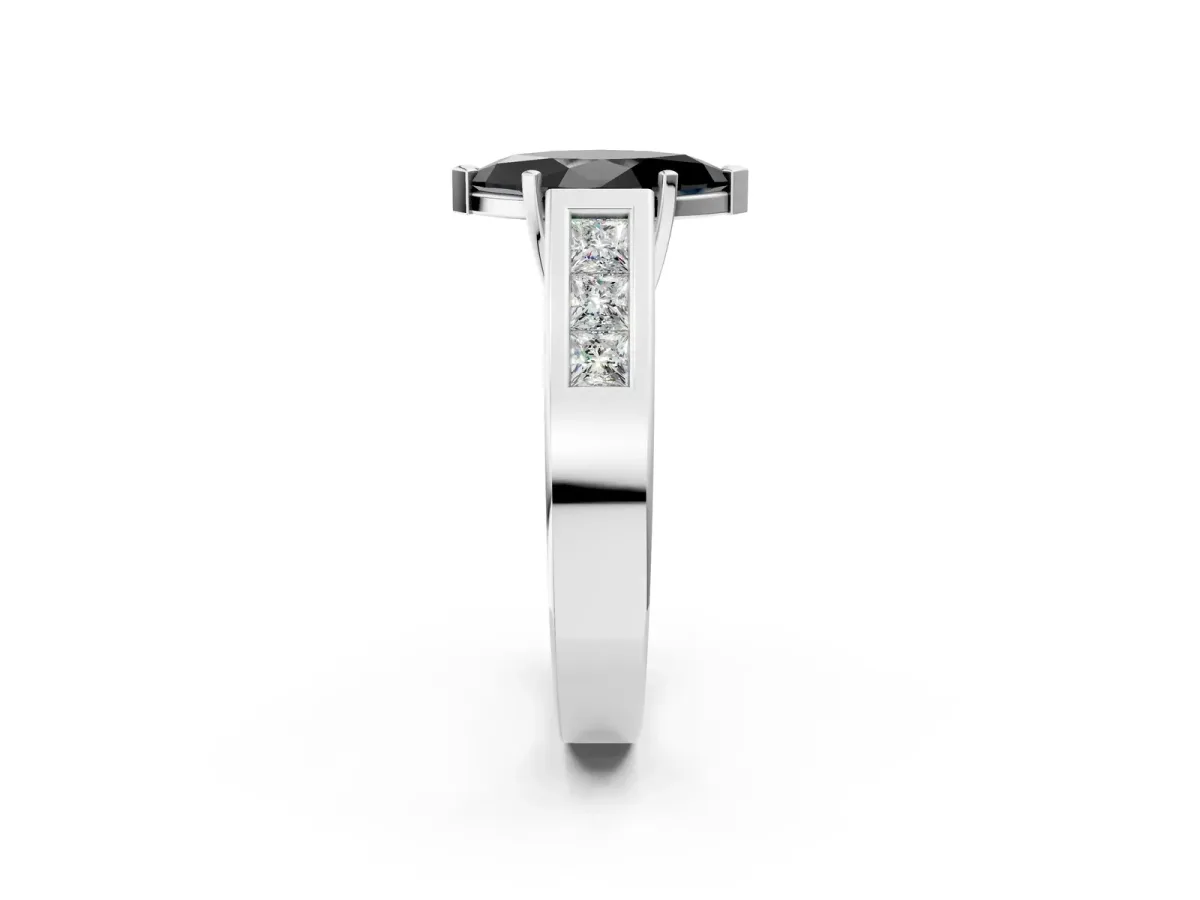 Fancy Black Marquise Cut Cut Channel Set Solitaire Ring with Four-Prong Setting Silver