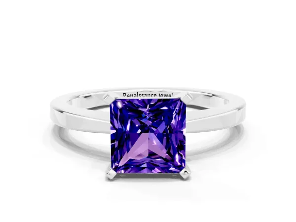 Princess Cut Tanzanite Solitaire Engagement Ring with Classic Band and Four-Prong Setting Silver