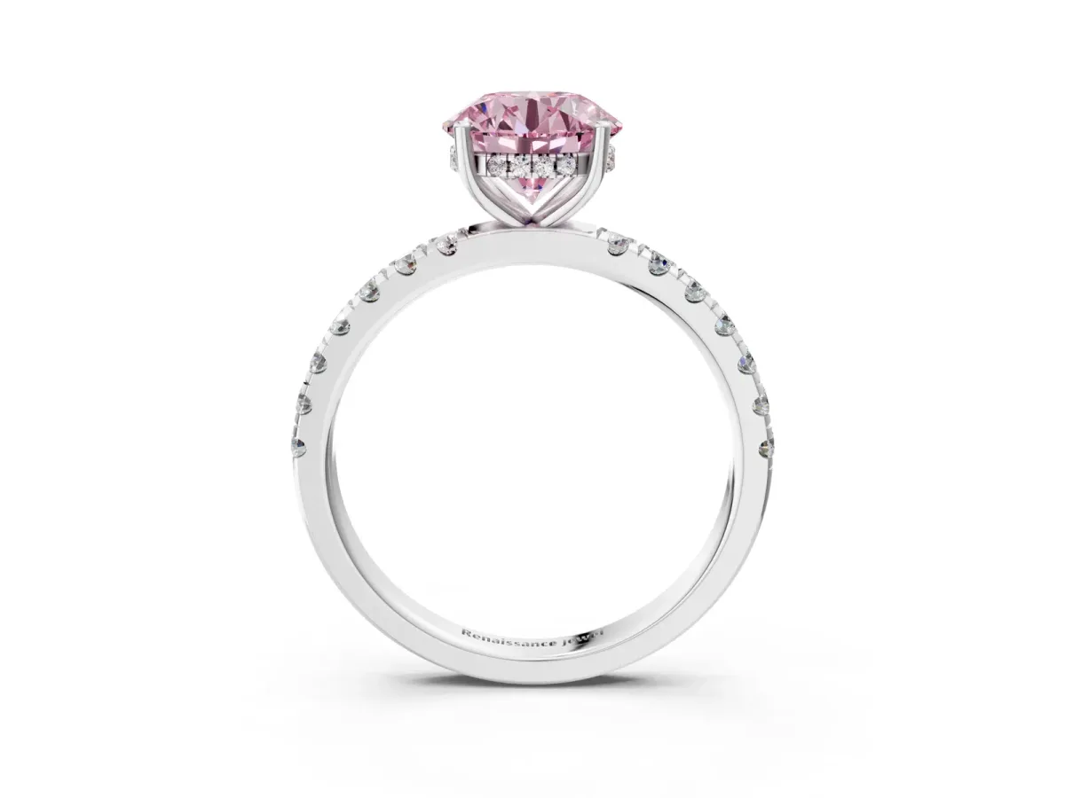Fancy Pink Round Cut Diamond Pave Band Solitaire Ring with Round and Prong Setting Platinum