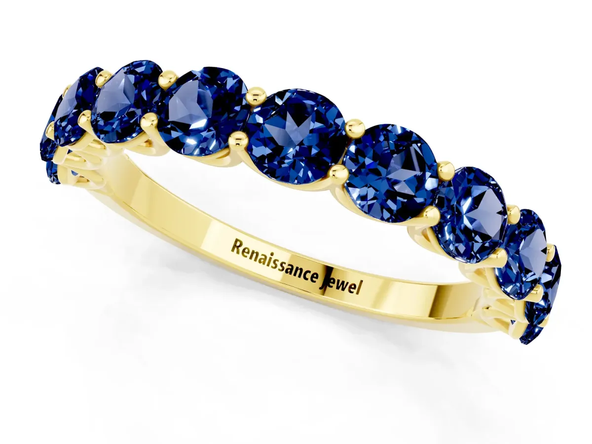 Round Blue Sapphire Shared Prong Eternity Band Yellow gold