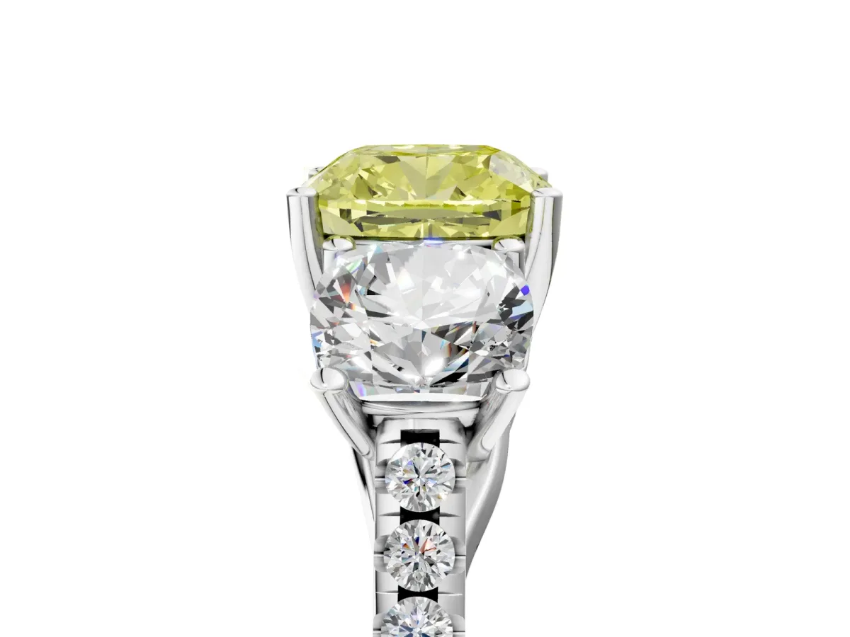 Fancy Yellow Three-Stone Cushion Cut Diamond Ring with Round Pavé Band and Prong Setting Silver