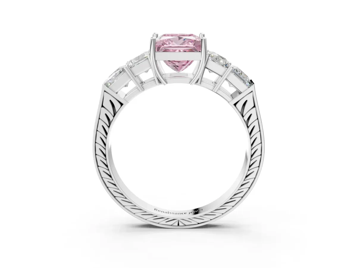 Fancy Pink Princess Cut Solitaire Princess Side Stone Engraved Band Prong Setting Ring Platinum