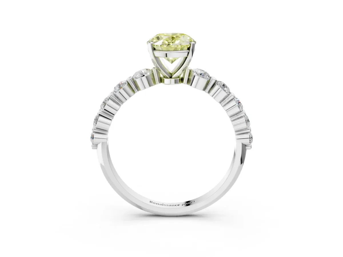 Fancy Yellow Oval Cut Solitaire Diamond Ring with Pave Band and Four-Prong Setting Platinum