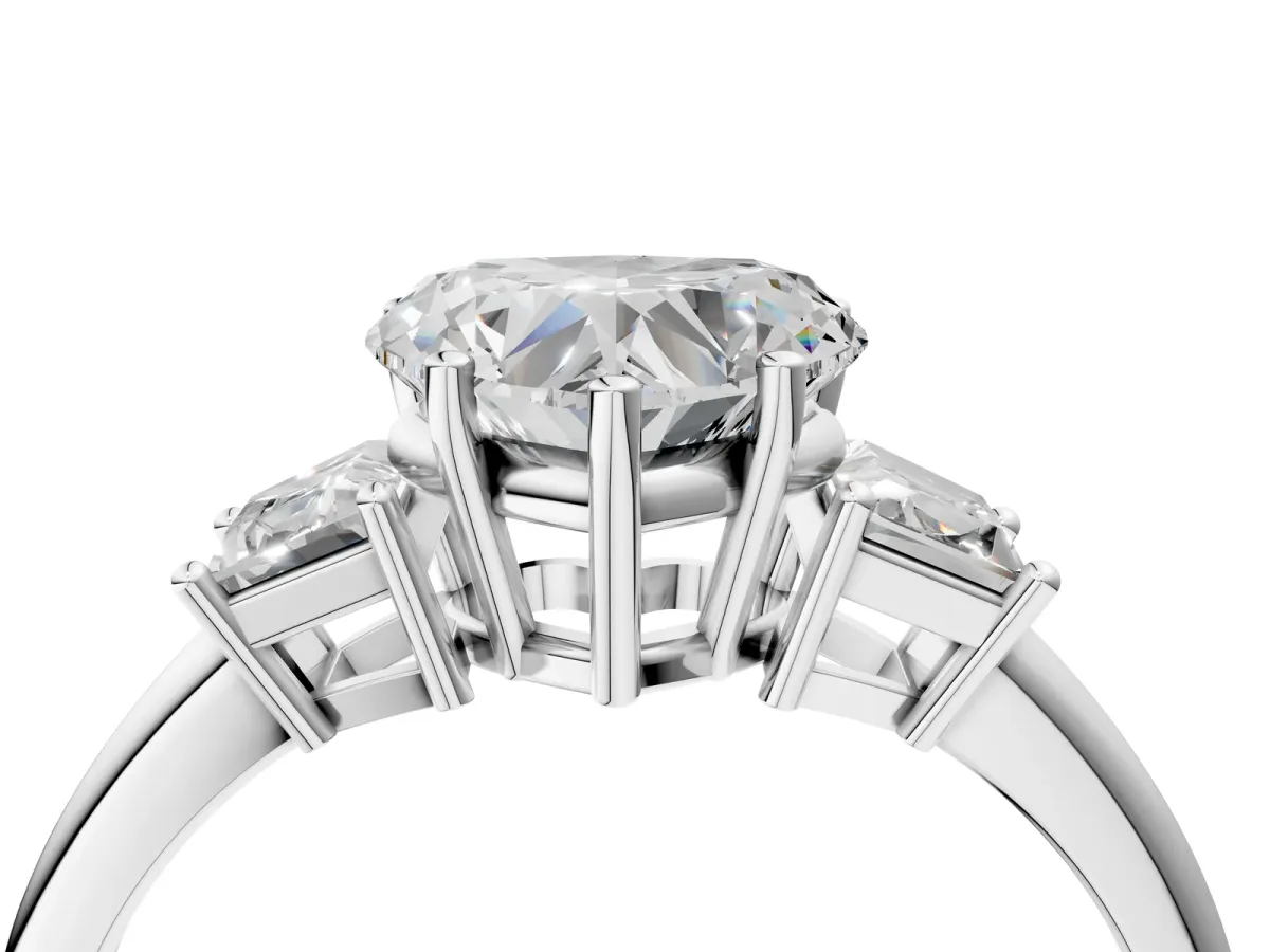 Heart Cut Diamond Three-Stone Ring with Trapezoid Side Stones and Prong Setting Platinum