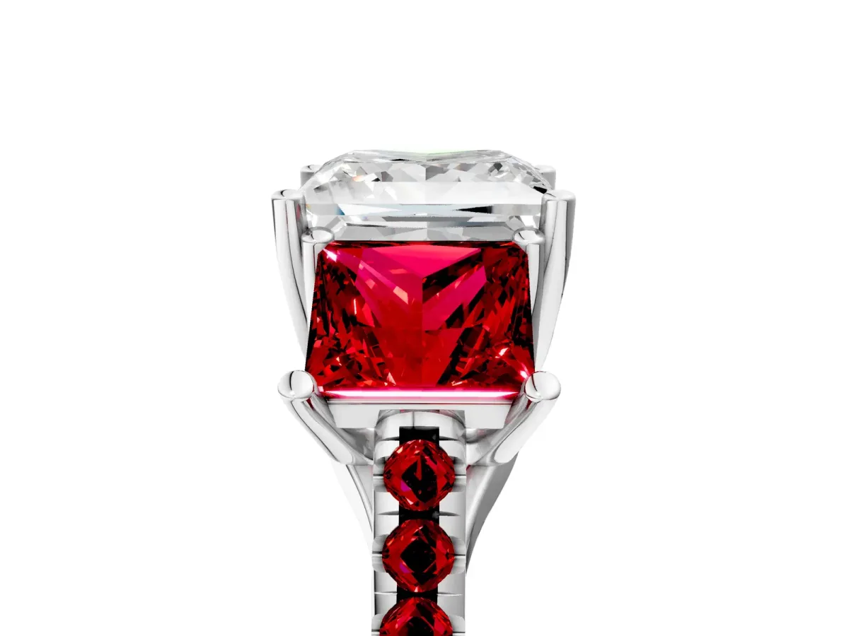 Three-Stone Princess Cut Diamond Ring with Round Ruby Pavé Band and Prong Setting Platinum