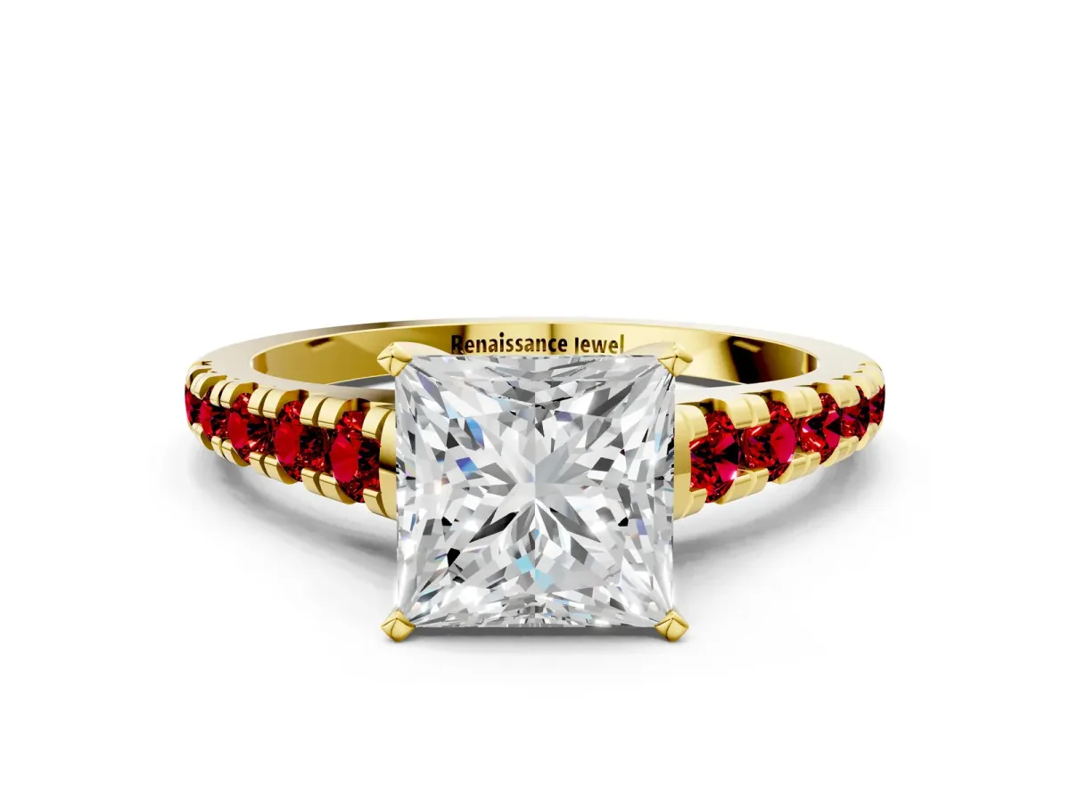 Princess Cut Diamond Cathedral Solitaire Ring with Round Ruby Pavé Band Yellow gold