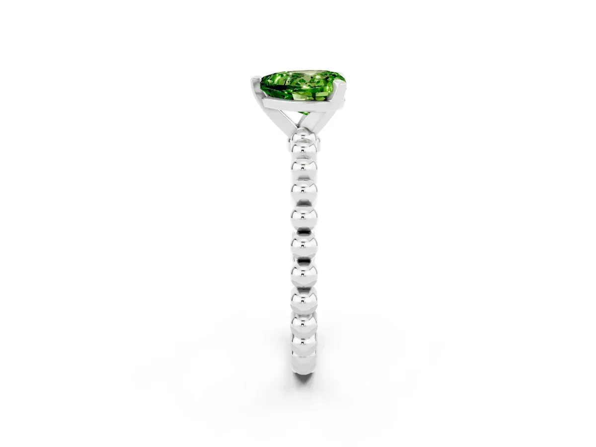 Heart Cut Peridot Solitaire Ring with Beaded Band and Prong Setting Silver