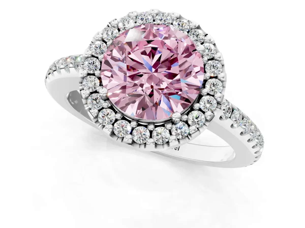 Fancy Pink Round Cut Diamond Pavé Halo Ring with Four-Prong Setting Platinum