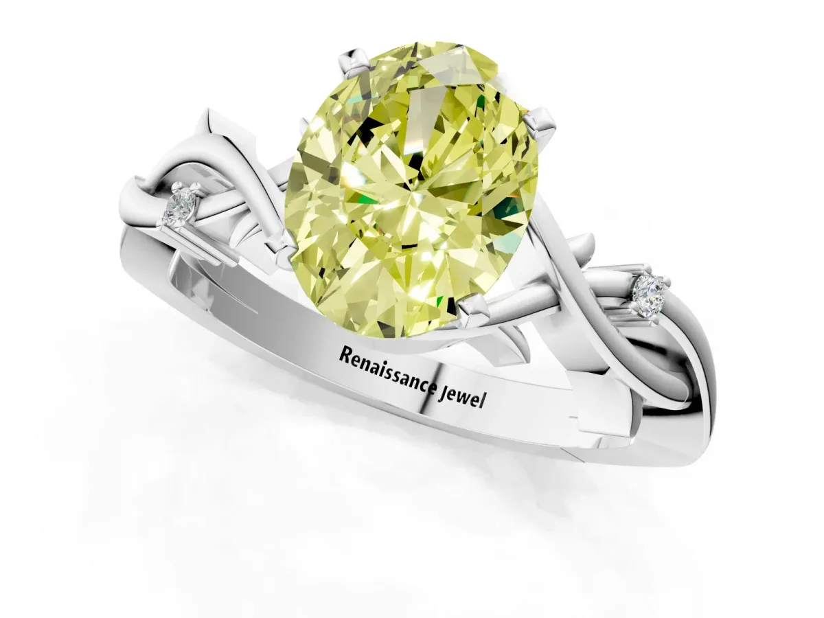 Fancy Yellow Oval Cut Diamond Solitaire Ring with Twisted Band and Prong Setting Platinum