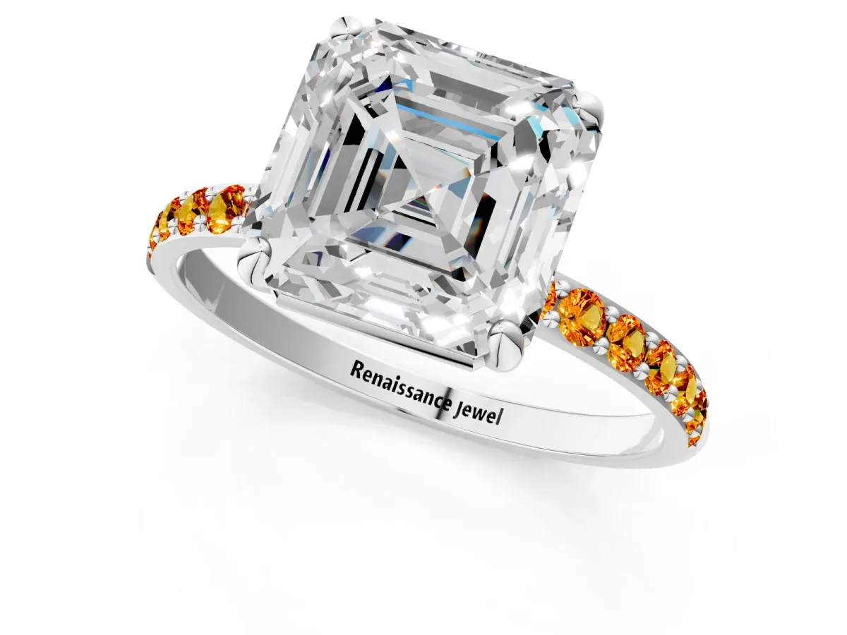 Asscher Cut Diamond Solitaire Ring with Round Citrine Pavé Band and Prong Setting Silver