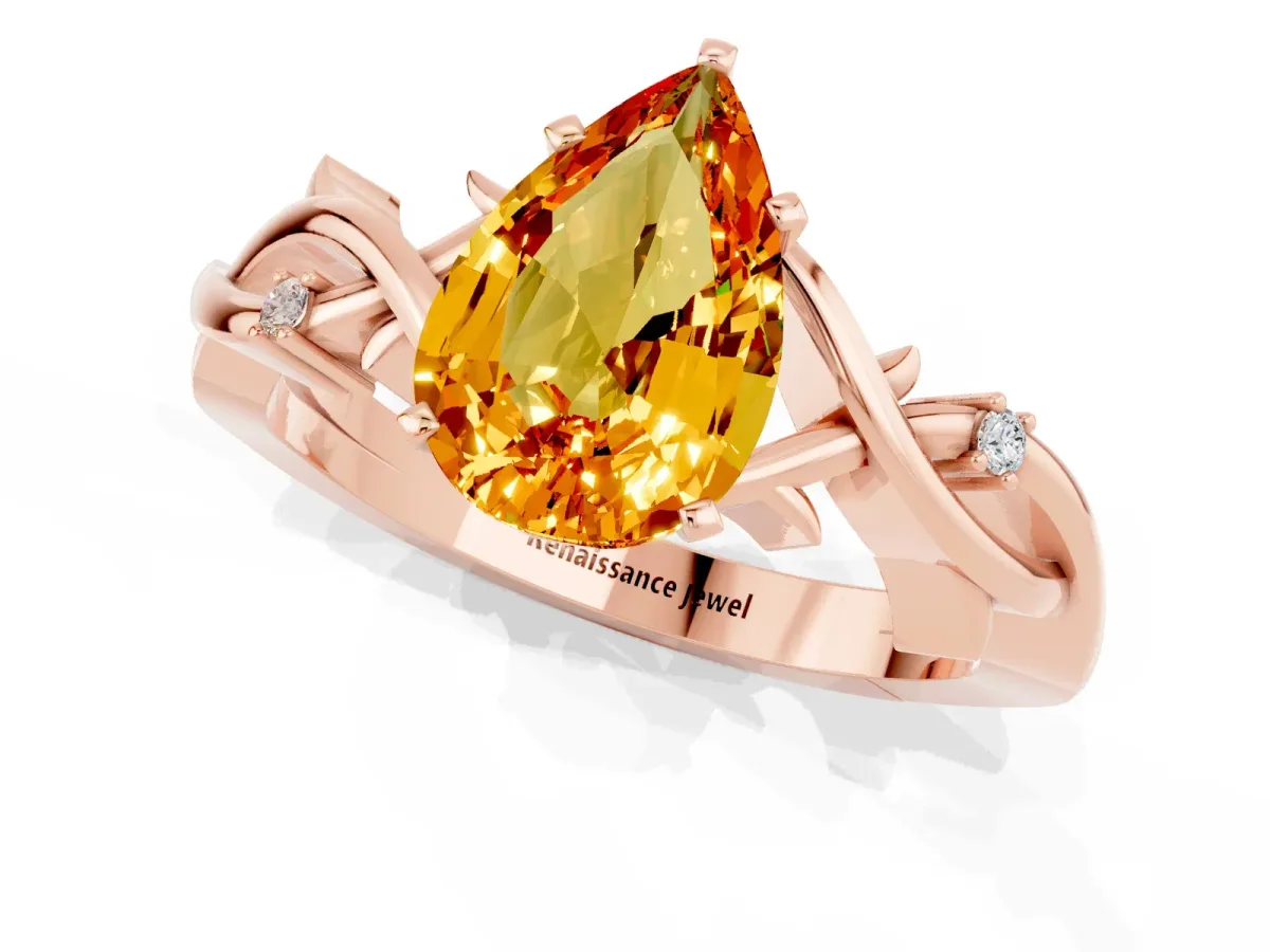 Pear Cut Citrine Solitaire Ring with Twisted Band and Prong Setting Rose gold