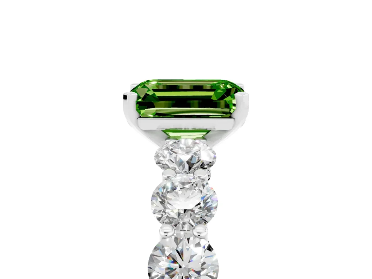 Emerald Cut Peridot Prong Setting with Side Stones on a Pave Band Silver