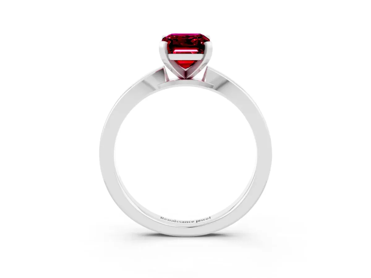 Emerald Cut Garnet Solitaire Engagement Ring with Classic Band and Four-Prong Setting Platinum