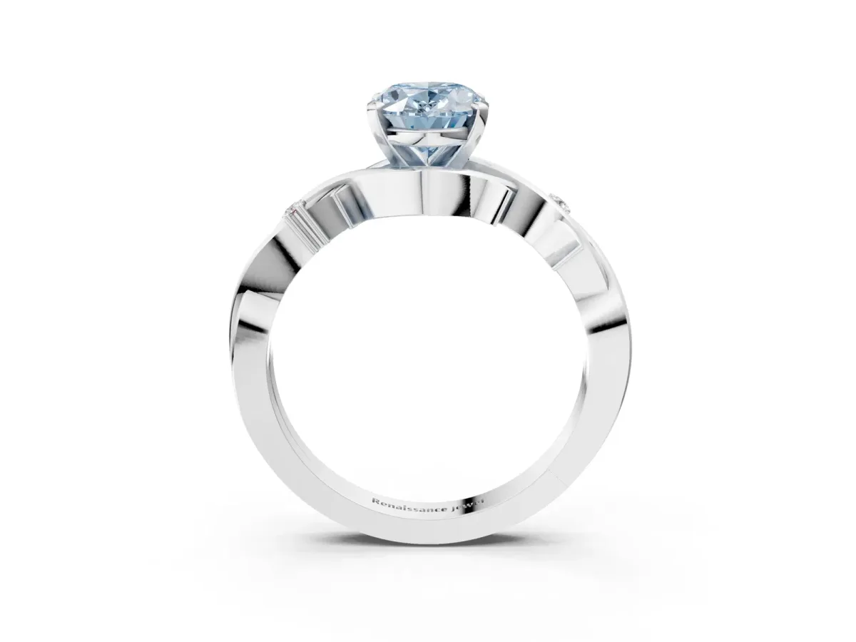 Fancy Blue Oval Cut Diamond Solitaire Ring with Twisted Band and Prong Setting Platinum